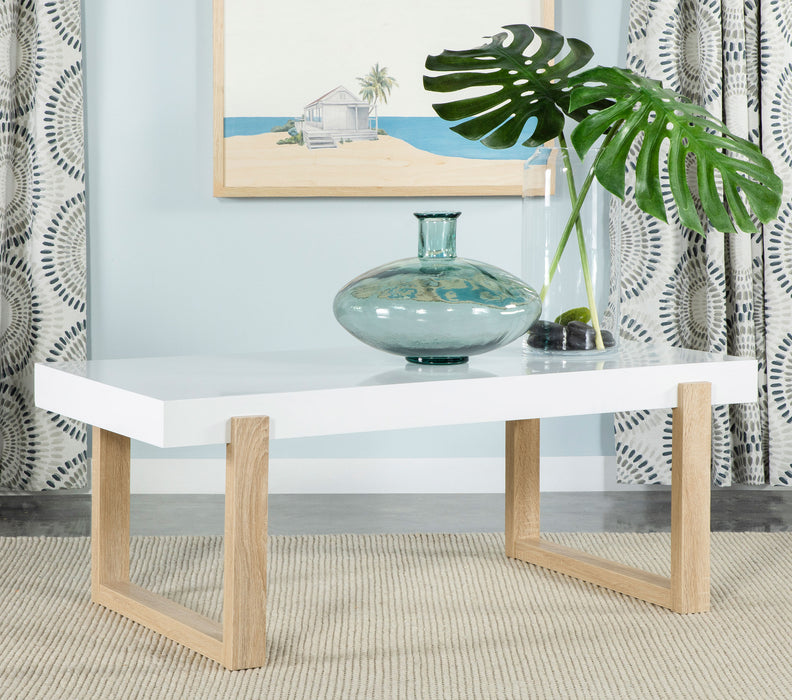 Pala Rectangular Coffee Table with Sled Base White High Gloss and Natural - Imperial Furniture (Las Vegas, NV) - Multi Location