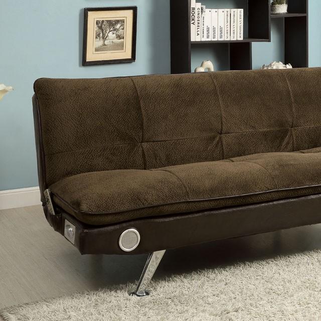 GALLAGHER Dark Brown/Chrome Futon Sofa w/ Bluetooth Speaker, Brown - Imperial Furniture (Las Vegas, NV) - Multi Location