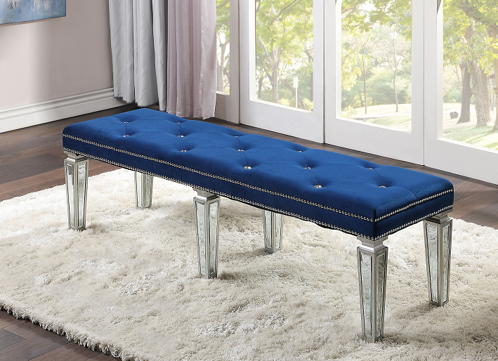 Varian Blue Velvet & Mirrored Bench - Imperial Furniture (Las Vegas, NV) - Multi Location