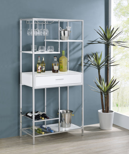 Figueroa 5-shelf Wine Cabinet with Storage Drawer White High Gloss and Chrome - Imperial Furniture (Las Vegas, NV) - Multi Location