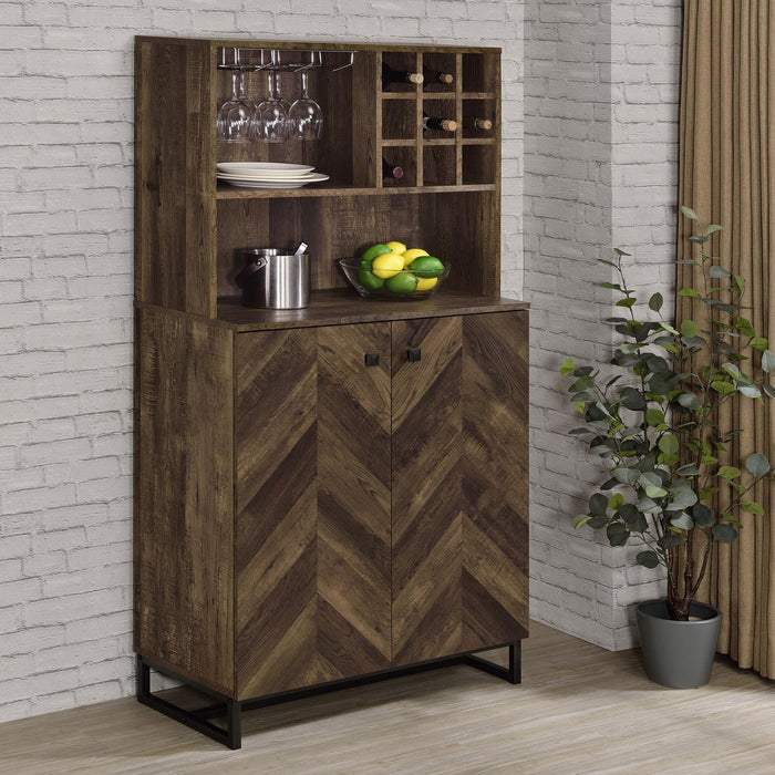 Mendoza 2-door Wine Cabinet Rustic Oak Herringbone and Gunmetal - Imperial Furniture (Las Vegas, NV) - Multi Location