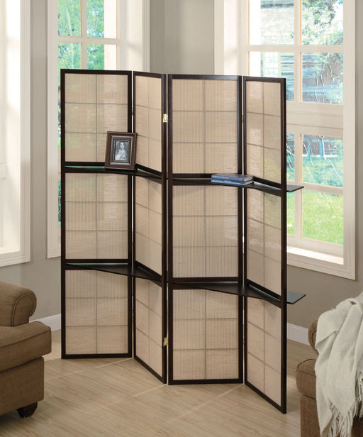 Iggy 4-panel Folding Screen with Removable Shelves Tan and Cappuccino - Imperial Furniture (Las Vegas, NV) - Multi Location
