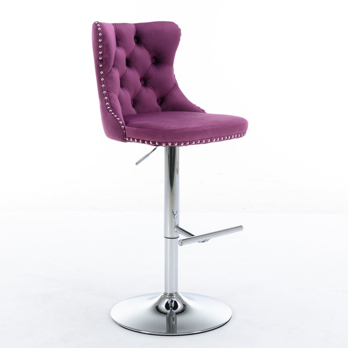 Purple Velvet Swivel Barstools with Adjustable Height and Chrome Base, Set of 2