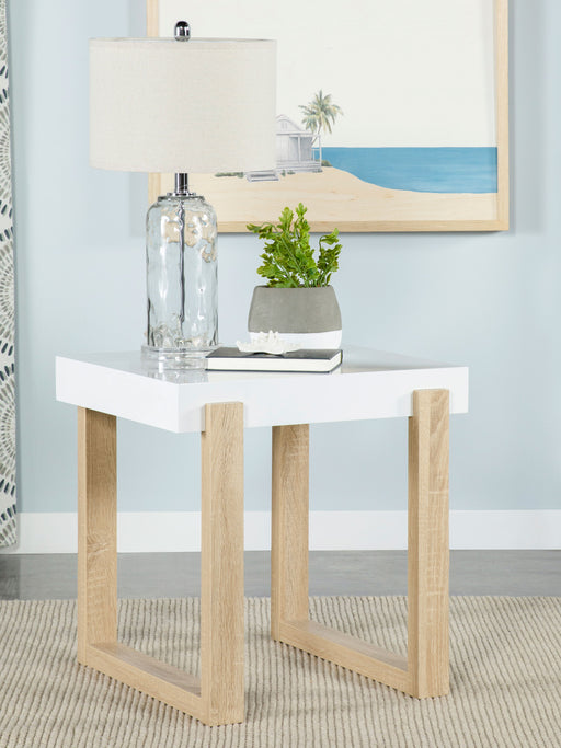Pala Rectangular End Table with Sled Base White High Gloss and Natural - Imperial Furniture (Las Vegas, NV) - Multi Location