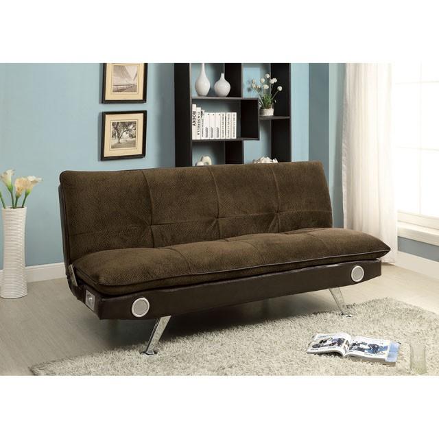 GALLAGHER Dark Brown/Chrome Futon Sofa w/ Bluetooth Speaker, Brown - Imperial Furniture (Las Vegas, NV) - Multi Location