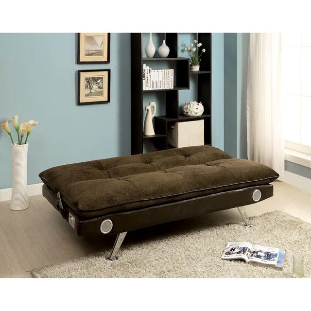 GALLAGHER Dark Brown/Chrome Futon Sofa w/ Bluetooth Speaker, Brown - Imperial Furniture (Las Vegas, NV) - Multi Location