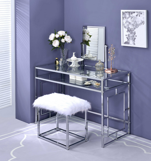 Carenze II White Faux Fur & Chrome Vanity Set - Imperial Furniture (Las Vegas, NV) - Multi Location