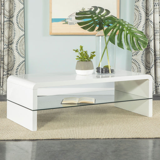 Airell Rectangular Coffee Table with Glass Shelf White High Gloss - Imperial Furniture (Las Vegas, NV) - Multi Location