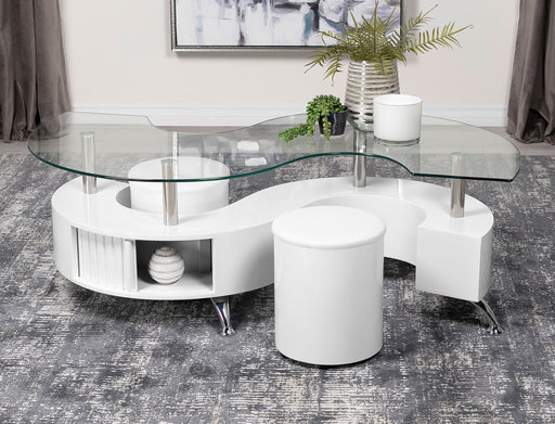 Buckley Curved Glass Top Coffee Table With Stools White High Gloss - Imperial Furniture (Las Vegas, NV) - Multi Location